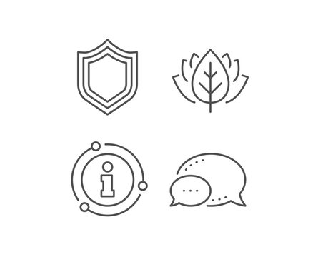 Shield line icon. Chat bubble, info sign elements. Protection or Security sign. Defence or Guard symbol. Linear security outline icon. Information bubble. Vector