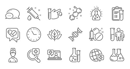 Medical healthcare, doctor line icons. Drug testing, scientific discovery and disease prevention icons. Chemical formula, chemistry testing lab. Linear set. Quality line set. Vector