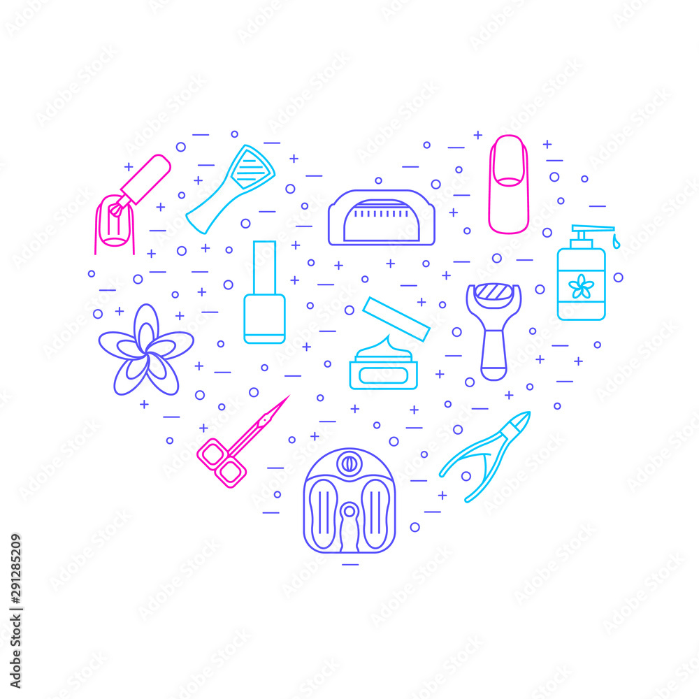 Poster manicure and pedicure thin line heart shape design template. vector