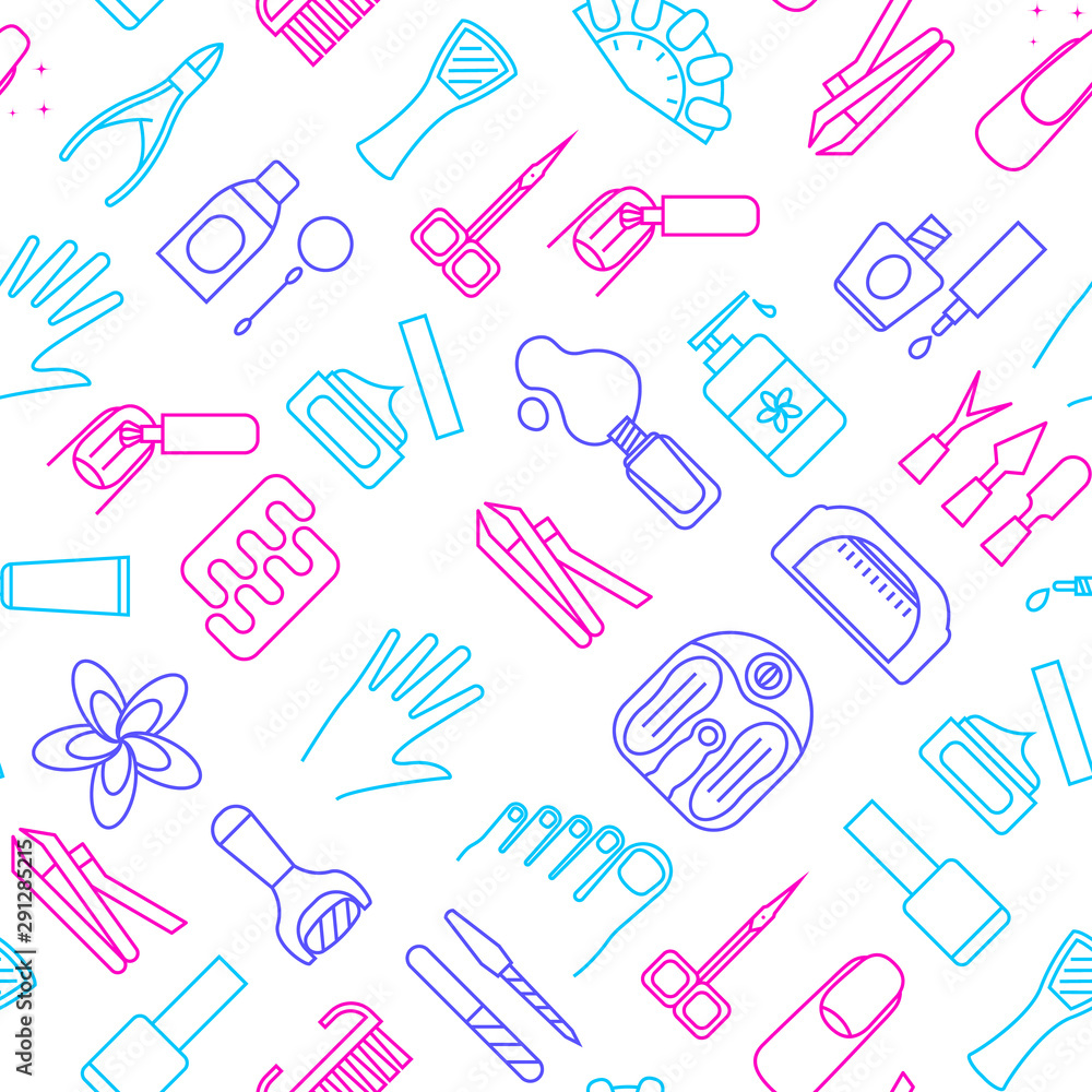Poster manicure and pedicure thin line seamless pattern background . vector