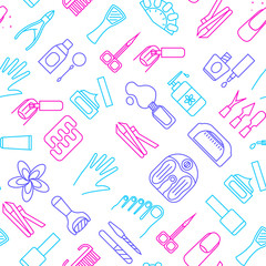 Manicure and Pedicure Thin Line Seamless Pattern Background . Vector