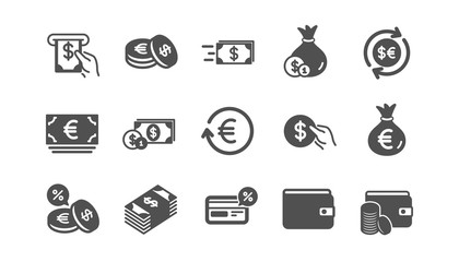 Money and payment icons. Cash, Wallet and Coins. Account cashback classic icon set. Quality set. Vector