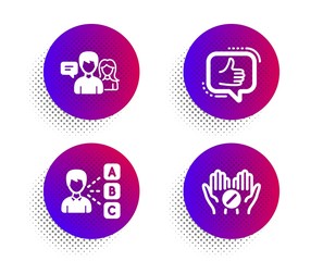 Like, Opinion and People talking icons simple set. Halftone dots button. Medical tablet sign. Thumbs up, Choose answer, Contact service. Medicine pill. People set. Classic flat like icon. Vector