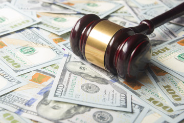 Judges Or Auctioneer Gavel On The Dollar Cash Background, Concept For Corruption, Bankruptcy,...