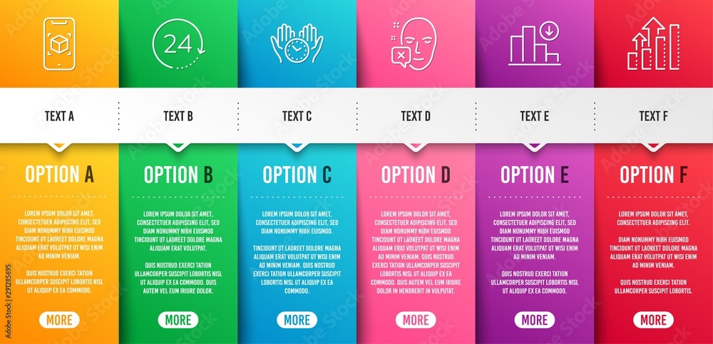 Aufkleber face declined, safe time and 24 hours line icons set. infographic timeline. augmented reality, decre