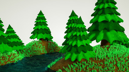 stylized three-dimensional models of fir trees with a forest pond. 3d rendering illustration