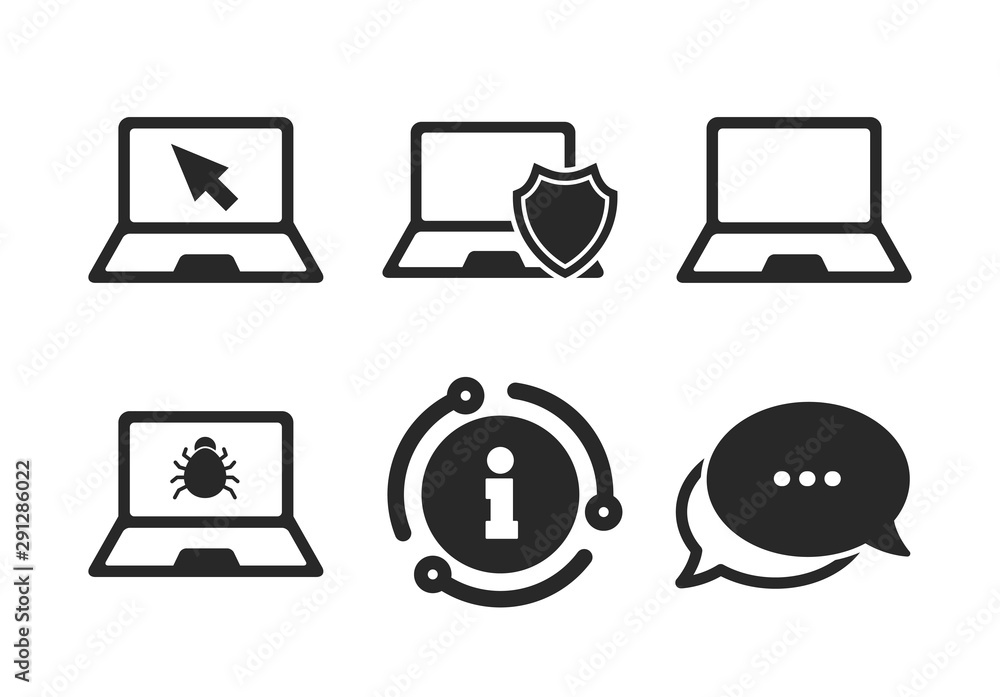 Poster virus or software bug signs. chat, info sign. notebook laptop pc icons. shield protection symbol. mo
