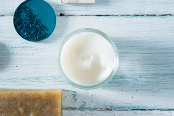 hygiene and beauty product samples, powder compact, spray, soap, moisturizer