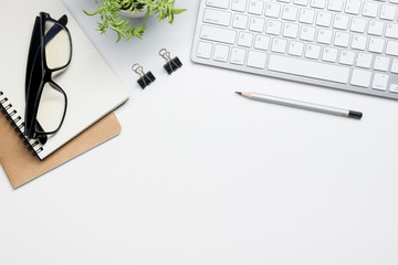 Office desk table with supplies. Flat lay Business workplace and objects. Top view. Copy space for text