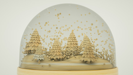 three-dimensional wooden composition of stylized fir trees on a stand under a glass dome. 3d rendering illustration