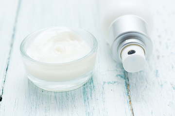 hygiene and beauty product samples, powder compact, spray, soap, moisturizer