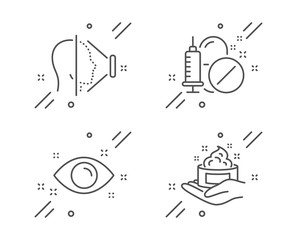 Face id, Medical drugs and Health eye line icons set. Skin care sign. Phone scanning, Medicine pills, Optometry. Hand cream. Healthcare set. Line face id outline icon. Vector
