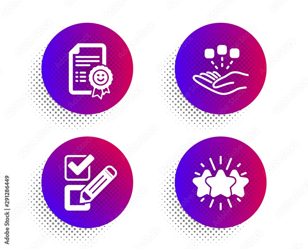 Poster consolidation, smile and checkbox icons simple set. halftone dots button. star sign. strategy, certi