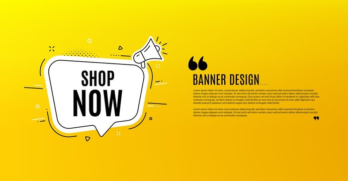 Shop now symbol. Yellow banner with chat bubble. Special offer sign. Retail Advertising. Coupon design. Flyer background. Hot offer banner template. Bubble with shop now text. Vector