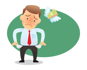 man run out of money. bankruptcy Lack of money. show empty pocket. cartoon isolated vector illustration