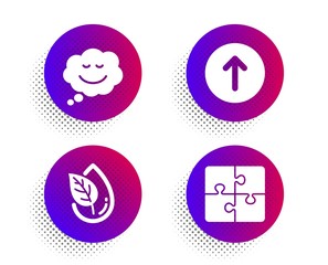 Speech bubble, Organic product and Swipe up icons simple set. Halftone dots button. Puzzle sign. Comic chat, Leaf, Scroll screen. Engineering strategy. Technology set. Vector