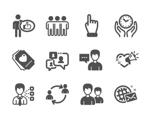 Set of People icons, such as Love ticket, Support chat, Friendship, Third party, Person talk, User communication, Love message, Couple, Click hand, Like, World mail, Safe time. Vector