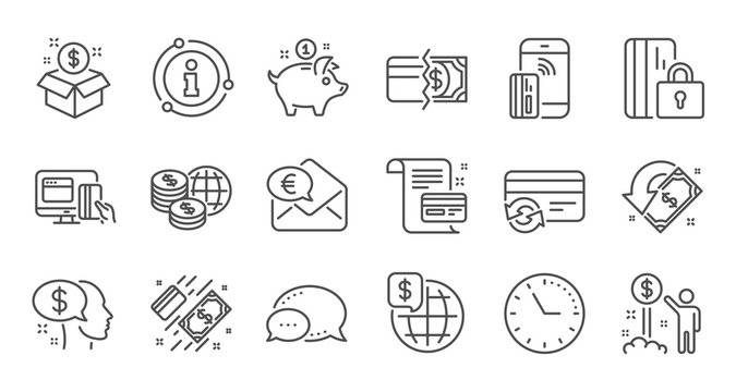 Money payment line icons. Bank transfer, Piggy bank and Credit card. Cash linear icon set. Quality line set. Vector