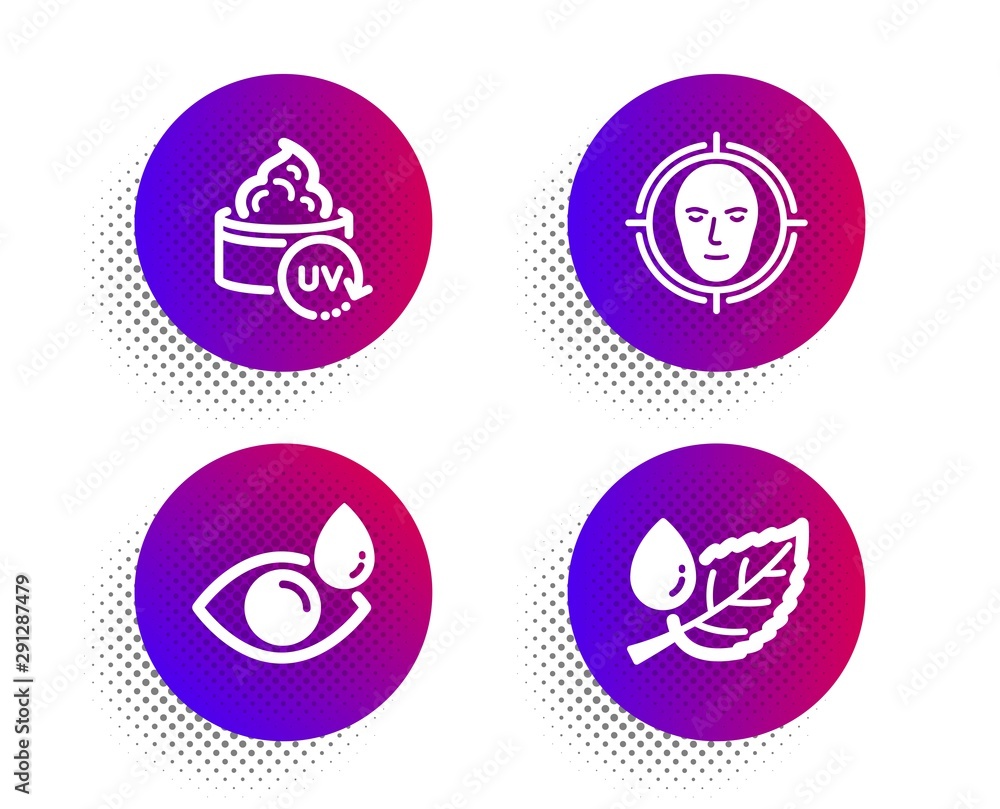 Poster uv protection, face detect and eye drops icons simple set. halftone dots button. leaf dew sign. skin
