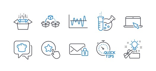 Set of Business icons, such as Stock analysis, Portable computer, Loyalty star, Chemistry lab, Packing boxes, Cooking hat, Parcel shipping, Secure mail, Quick tips, Creative idea. Vector