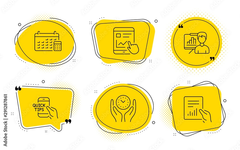 Poster calendar, presentation board and document signs. chat bubbles. safe time, internet report and educat