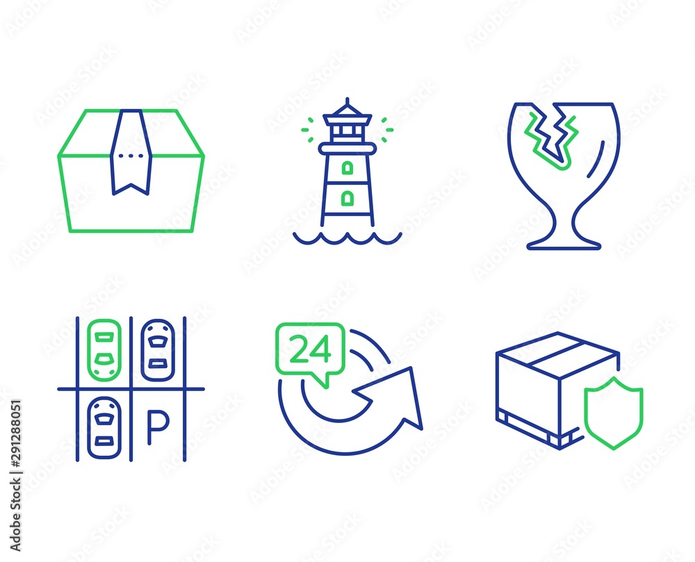 Poster parking place, fragile package and package box line icons set. 24 hours, lighthouse and delivery ins
