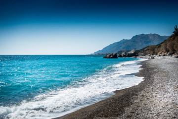 Beach against clear sky