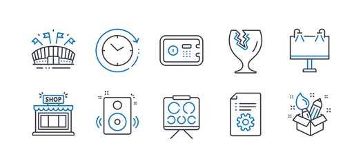 Set of Business icons, such as Speakers, Sports arena, Vision board, Road banner, Technical documentation, Shop, Safe box, Fragile package, Time change, Creativity line icons. Vector