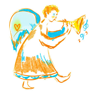 Walking angel with golden trumpet, blue wings. Bright yellow, golden, blue colors. Festive motifs of love, happy for New year, Merry Christmas. Music notes. Lovely character design for greetings card