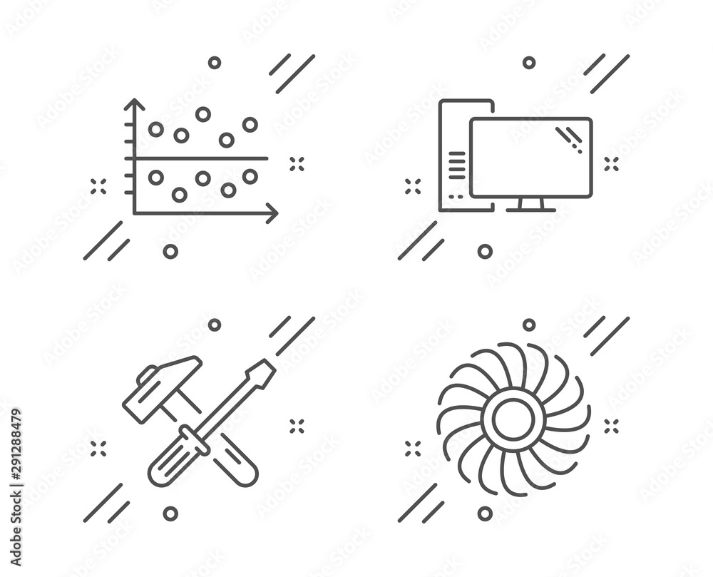 Poster hammer tool, computer and dot plot line icons set. fan engine sign. repair screwdriver, pc component