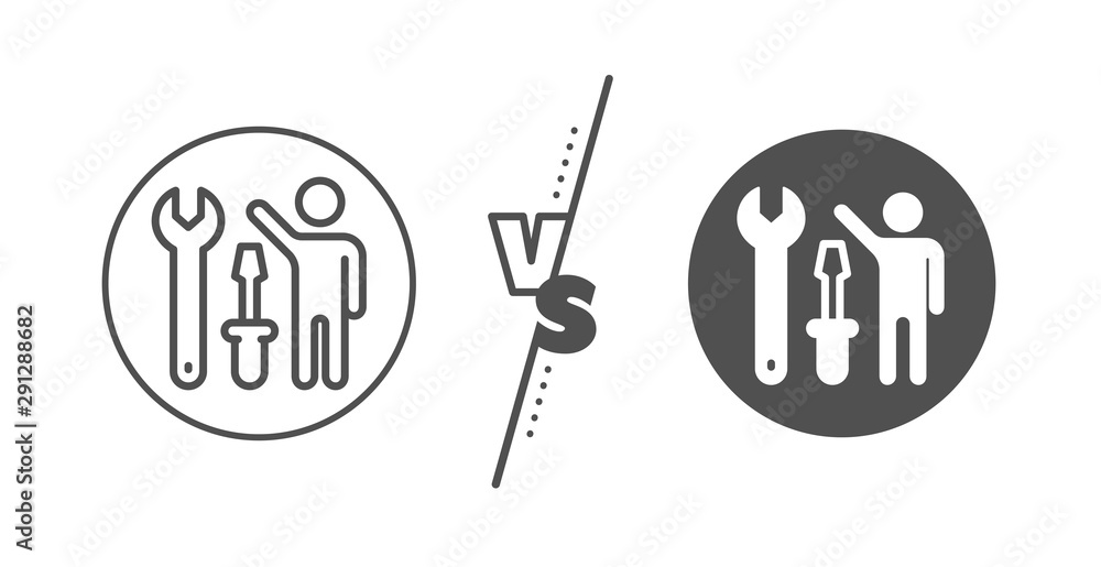 Poster repairman service sign. versus concept. spanner tool line icon. fix instruments symbol. line vs clas