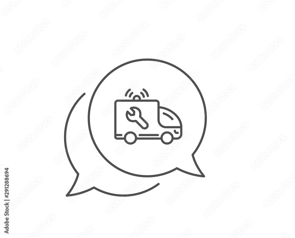 Poster spanner tool line icon. chat bubble design. car repair service sign. fix instruments symbol. outline