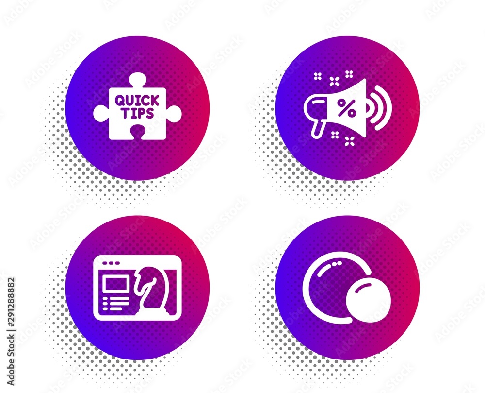 Poster quick tips, seo strategy and sale megaphone icons simple set. halftone dots button. peas sign. tutor