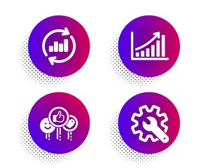 Like, Update data and Graph chart icons simple set. Halftone dots button. Customisation sign. Social media likes, Sales chart, Growth report. Settings. Technology set. Classic flat like icon. Vector