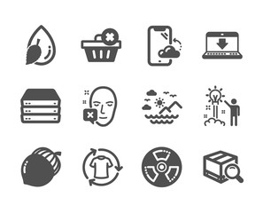 Set of Business icons, such as Search package, Change clothes, Face declined, Creative idea, Internet downloading, Servers, Sea mountains, Water drop, Chemical hazard, Smartphone cloud. Vector