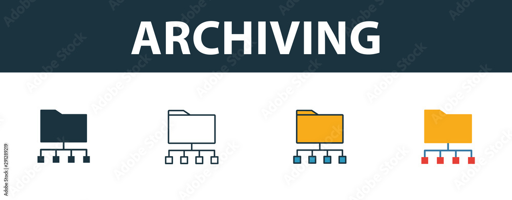 Poster archiving icon set. four simple symbols in diferent styles from icons collection. creative archiving