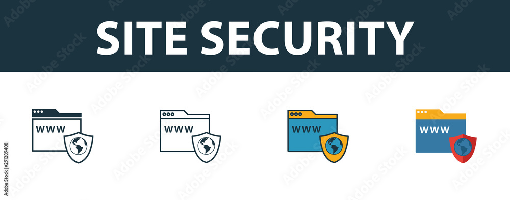 Poster site security icon set. four simple symbols in diferent styles from icons collection. creative site 