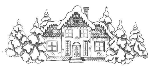 Christmas Greeting card. Set of hand drawn buildings. Illustration of houses. 