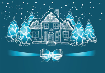 Christmas Greeting card. Set of hand drawn buildings. Illustration of houses. 