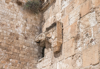 Part of the wall of the Temple Mount with a walled passage near the Dung Gate in the Old City in...