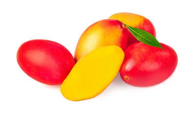 Mango fruits with mango leaves Isolated on a white background. Whole and half
