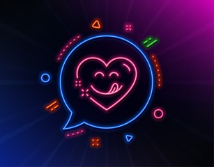 Yummy smile line icon. Neon laser lights. Emoticon with tongue sign. Comic heart symbol. Glow laser speech bubble. Neon lights chat bubble. Banner badge with yummy smile icon. Vector