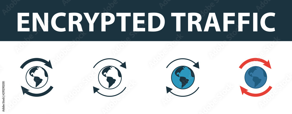 Poster encrypted traffic icon set. four simple symbols in diferent styles from icons collection. creative e