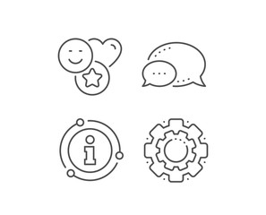 Social media likes line icon. Chat bubble, info sign elements. Heart, star sign. Positive smile feedback symbol. Linear smile outline icon. Information bubble. Vector