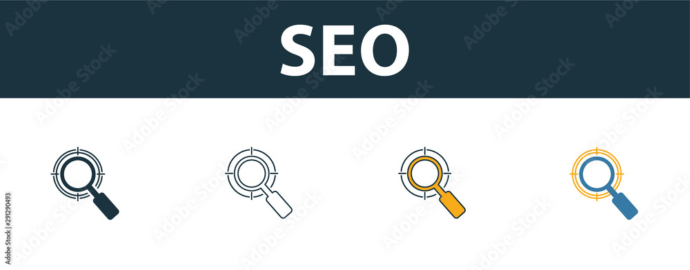 Aufkleber seo icon set. four simple symbols in diferent styles from web development icons collection. creative