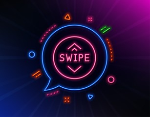 Swipe up button line icon. Neon laser lights. Scrolling arrow sign. Landing page scroll symbol. Glow laser speech bubble. Neon lights chat bubble. Banner badge with swipe up icon. Vector