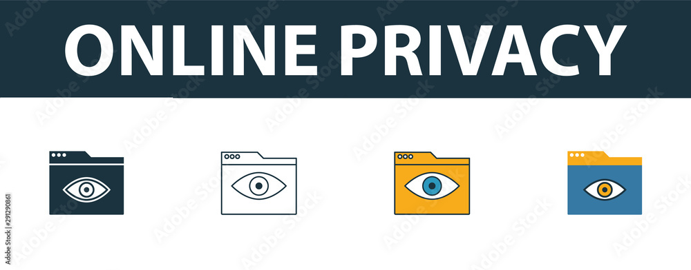 Aufkleber online privacy icon set. four simple symbols in diferent styles from web development icons collectio