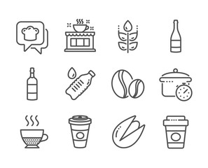 Set of Food and drink icons, such as Pistachio nut, Takeaway coffee, Coffee beans, Doppio, Water bottle, Brandy bottle, Gluten free, Boiling pan, Cooking hat line icons. Pistachio nut icon. Vector