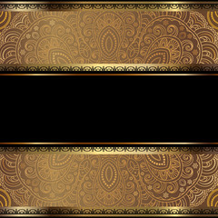 Vintage ornamental frame with gold lace border pattern. Golden background for wine label or packaging design with place for text.