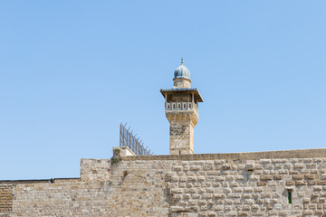 Part of the wall of the temple mountain with White Mosque near the Dung Gate in the Old City in Jerusalem, Israel